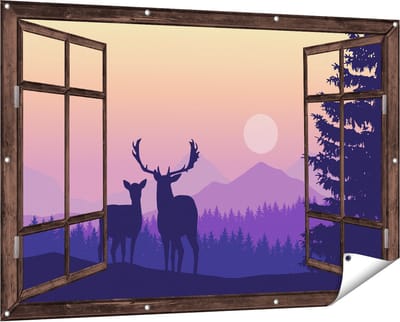 Gards Tuinposter Doorkijk Twee Herten - Zonsondergang - Silhouet - 150x100 cm - Tuindoek - Tuindecoratie - Wanddecoratie buiten - Tuinschilderij