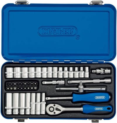 45-delige metrische dopsleutelset | 1/4 inch vierkante aandrijving | Omkeerbare ratel met zachte grip | Mechanisch gereedschap voor auto | Metalen draagtas inbegrepen