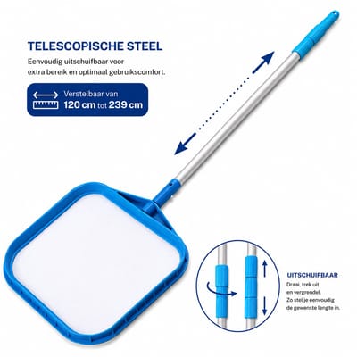 Benza – Zwembad Bladskimmer met Telescopische Aluminium Steel 239 cm – Schepnet voor Bladeren, Insecten en Vuil – 29,5 × 41,6 cm