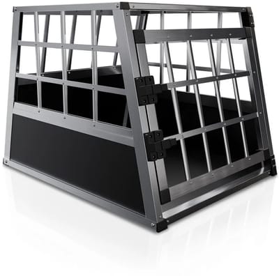 Juskys – Hondentransportbox M – 54 x 69 x 51 cm – Voorzien Van Afsluitbare Deur En Goede Ventilatie – Voor Auto En Reis – Zwart Aluminium En MDF