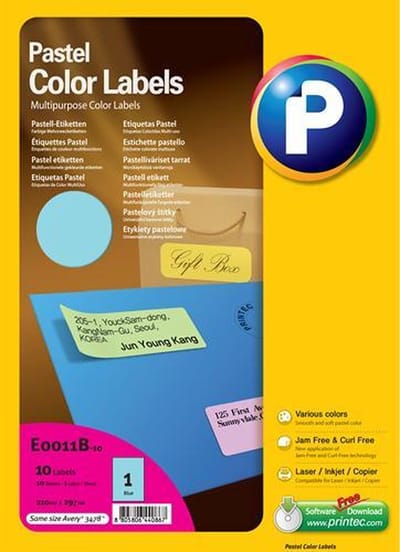 Printec Pastel Blauw Etiketten - 10 Vel - 210x297mm - 1 Label Per A4 - 10 Gekleurde Stickers