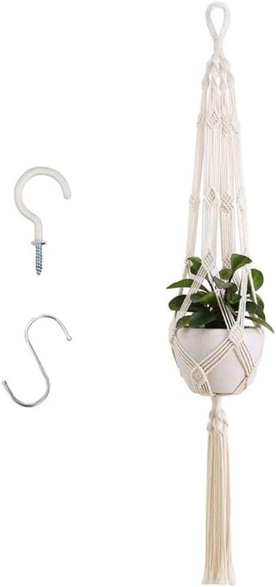 Beige macramé bloemenhanger - boho-decoratie van katoenen touw