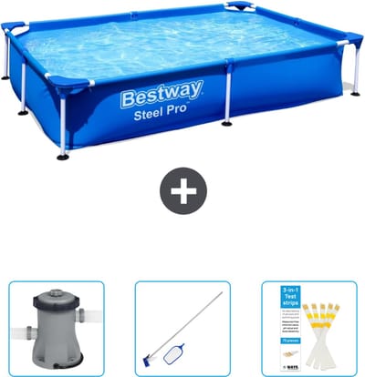 Bestway Rechthoekig Steel Pro Zwembad - 221 x 150 x 43 cm - Blauw - Inclusief Pomp - Schoonmaakset - Testrips