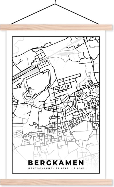 Posterhanger incl. Poster 40x60 cm - Schoolplaat - Plattegrond - Bergkamen - Kaart - Stadskaart - Textielposter - Blanke latten - Stadskaart