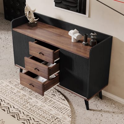 DESMIU Dressoir - Gestreepte Schuifdeuren En 3 Laden Met Opbergruimte - Voor Woonkamer Hal En Eetkamer - Spaanplaat En MDF - 117,5x40x80 Cm