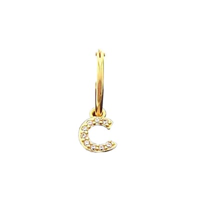 Cadeau voor haar New Bling 9NB 906C Zilveren Oorring met letterhanger - Zirkonia - C - Half Paar - Goudkleurig