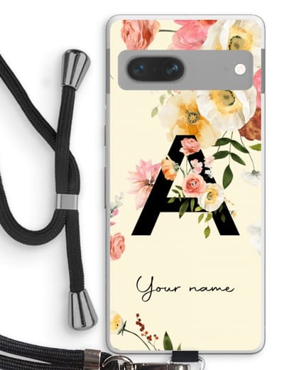 Gepersonaliseerd - Case Company® - Hoesje met koord geschikt voor Google Pixel 7 hoesje met Koord - Flirty Flowers Monogram - Telefoonhoesje met Zwart Koord - Bescherming aan alle Kanten en Over de Schermrand