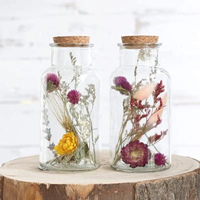 Droogbloemen in glas - Gedroogde bloemen - Interieur decoreren - Set van twee stuks - Hoogte 16 cm - Meerkleurig