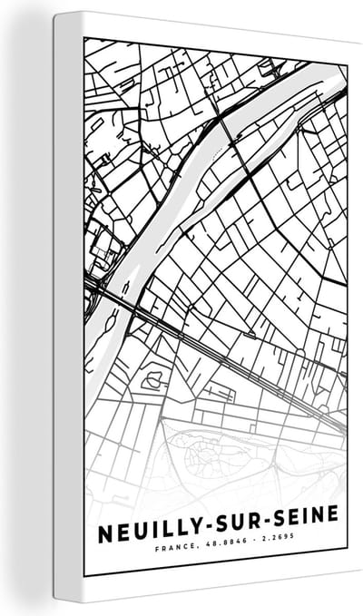 Canvas Schilderij Kaart - Plattegrond - Frankrijk - Stadskaart - Neuilly-sur-Seine - Zwart wit - 20x30 cm - Wanddecoratie