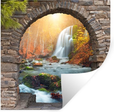 Muurstickers - Sticker Folie - Doorkijk - Waterval - Herfst - Landschap - 100x100 cm - Plakfolie - Muurstickers Kinderkamer - Zelfklevend Behang XXL - Zelfklevend behangpapier - Stickerfolie