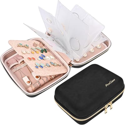 SnelShoppen - Middelgrote sieradenorganizer voor op reis en thuisgebruik, boekvormige ringband met transparante zakken, ritstas voor oorbellen, kettin