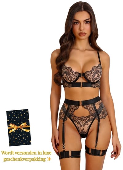 Luxe Lingerieset Dames – Lingerie Erotisch – Sexy Lingerie – 4-delige set – Zwart Kant – Lingerie Setje – Verleidelijke BH met Jarretels & Hoge Taille String – Sexy Lingerie – Chique – Luxe –Boudoir Look – Kinky – Erotisch – Maat XS/S, M, L, XL, XXL