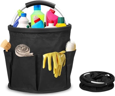 Opbergmand voor schoonmaakmiddelen, opvouwbare mand met 6 vakken, waterdicht en multifunctioneel voor winkelen en organisatie (Zwart)