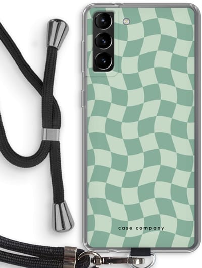 Case Company® - Hoesje met koord geschikt voor Samsung Galaxy S21 Plus hoesje met Koord - Grid Groen - Telefoonhoesje met Zwart Koord - Bescherming aan alle Kanten en Over de Schermrand
