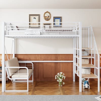 VVBV Metalen Stapelbed 90x200 cm met Trap/Ladder, Voor Kinderen/Tieners - Voor Volwassenen, Opbergruimte - Metaal Wit