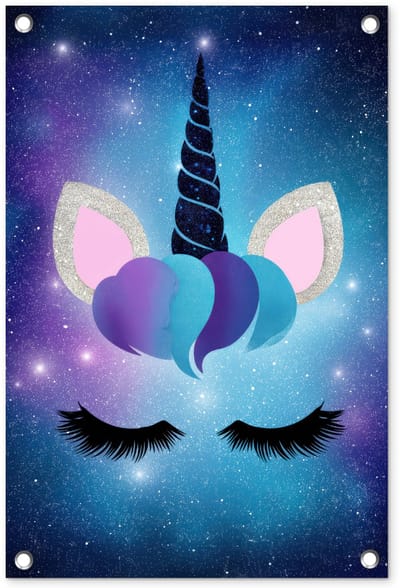 Tuinposter 40x60 cm - Tuindecoratie Eenhoorn - Sterren - Magisch - Blauw - Poster voor in de tuin - Buiten decoratie - Schutting tuinschilderij - Tuindoek muurdecoratie - Wanddecoratie balkondoek