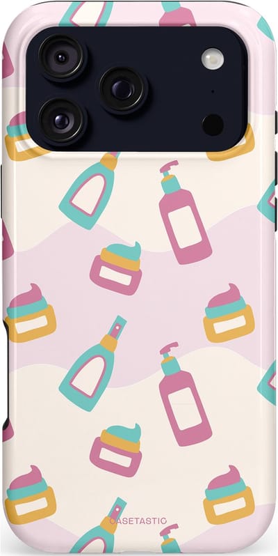 Casetastic hoesje geschikt voor Apple iPhone 17 Pro Max - MagSafe - Dubbellaagse bescherming - Bubbels & Borstels - Clean Girl - Makeup - Fashion Case - Wit Lichtgrijs Lichtroze