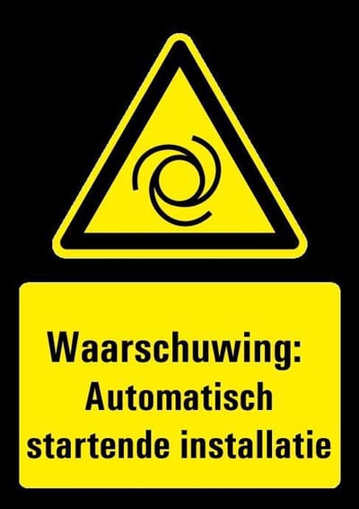 Waarschuwing voor automatisch startende machine sticker met tekst 148 x 210 mm