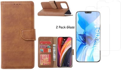 Hoesje Geschikt voor iPhone 12 Pro Max hoesje - portemonnee bookcase / wallet cover Bruin+ 2x tempered glass / Screenprotector