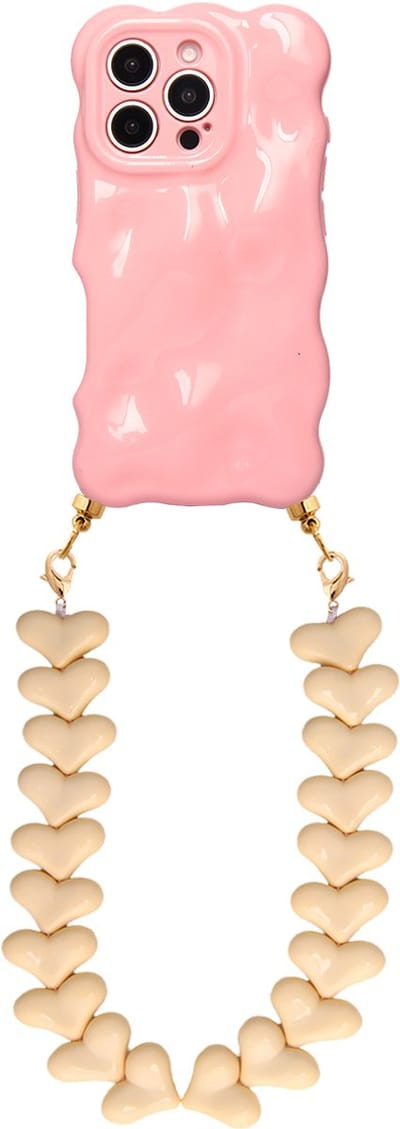 Casies Bubbly hoesje geschikt voor Apple iPhone 13 met creme harten koord - telefoonhoesje met chunky hartenkoord - Cord case - Roze