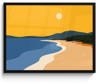 Poster in lijst - Fotolijst 80x60 cm - Posters - Kustlijn - Oranje lucht - Begroeiing - Posterlijst zwart - Decoratie - Wanddecoratie woonkamer - Muurdecoratie slaapkamer