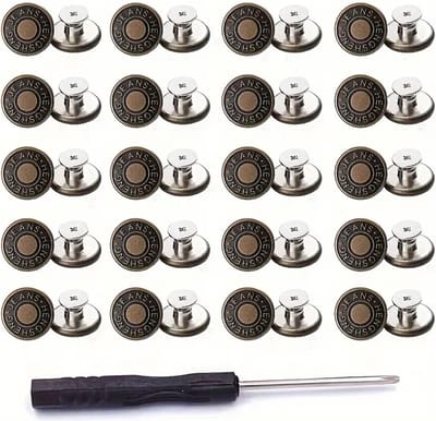MGM Trading - 20 stuks brons koperen metalen jeansknoppen, 17 mm niet-naai-vervangingsreparatie met verwijderbare draadklinknagels en schroevendraaier inbegrepen
