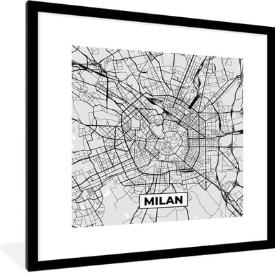 Fotolijst incl. Poster Zwart Wit- Milaan - Stadskaart - Zwart Wit - Plattegrond - Kaart - 40x40 cm - Posterlijst