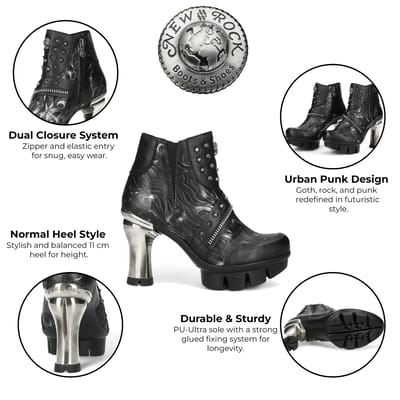 New Rock Dames NEOPUNK001-C19 Zwarte Gothic Punk Leren Enkellaarsjes met Hak