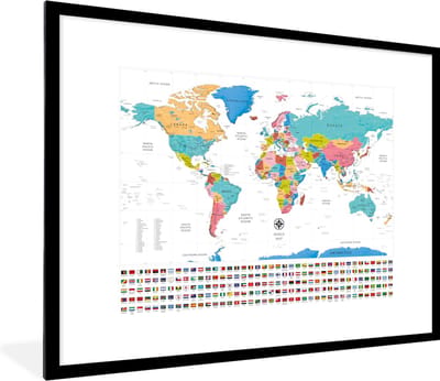 Poster in lijst - Fotolijst 80x60 cm - Posters - Wereldkaart - Kleuren - Vlag - Posterlijst zwart - Decoratie - Wanddecoratie woonkamer - Muurdecoratie slaapkamer