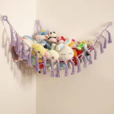 Opbergnet voor knuffels en speelgoed, macramé hangmat voor kinderkamer