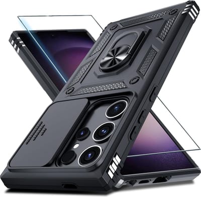 Casemania Hoesje & Glas Geschikt voor Samsung Galaxy S25 Ultra - Zwart - Anti-Shock Hybrid Armor Back Cover - Hoes met Kickstand Ring en Camera Bescherming - Glazen Screenprotector