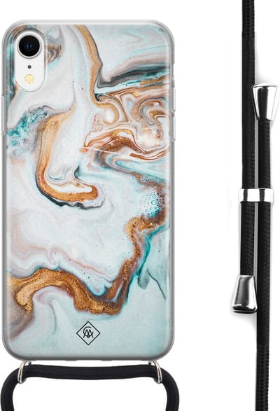 Casimoda® hoesje met koord - Geschikt voor iPhone XR - Marmer Blauw Goud - Afneembaar koord - Siliconen/TPU - Blauw
