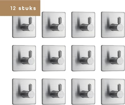 Baulk® - Handdoekhaakjes zelfklevend – Ophanghaken – Wandhaken – Haken zelfklevend – Zonder boren – Set van 12 – Zilver – RVS
