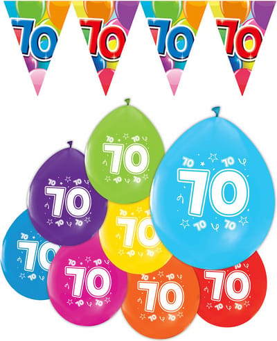 Feestpakket 70 jaar / 8 ballonnen en 1 vlaggenlijn 10 meter - Versiering Slinger Feestdecoratie Decoratie Verjaardag Jubileum Ballon Feest