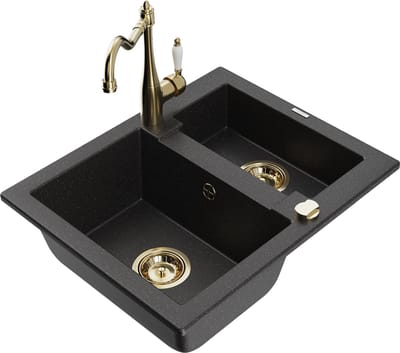 Mexen Carlos granieten gootsteen 1,5-kamer met keukenmengkraan Carla, zwart/zilver metallic - 6518-73-670700-50