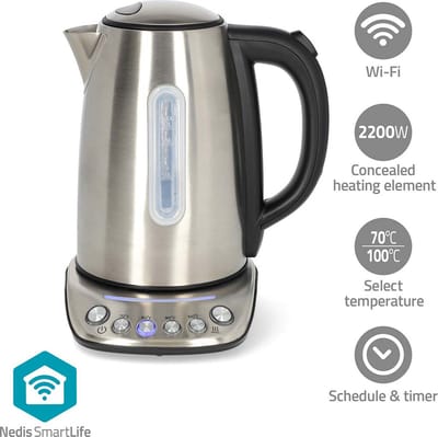Nedis SmartLife elektrische waterkoker   Wi-Fi   1,7 l   RVS   70, 80, 90, 100 °C   temperatuurindicator   360° draaibaar   verborgen