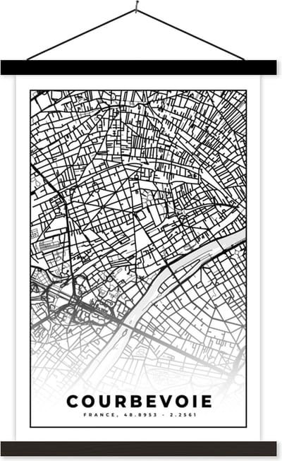 Posterhanger incl. Poster 40x60 cm - Schoolplaat - Kaart - Stadskaart - Frankrijk - Courbevoie - Plattegrond - Zwart wit - Textielposter - Zwarte latten - Stadskaart
