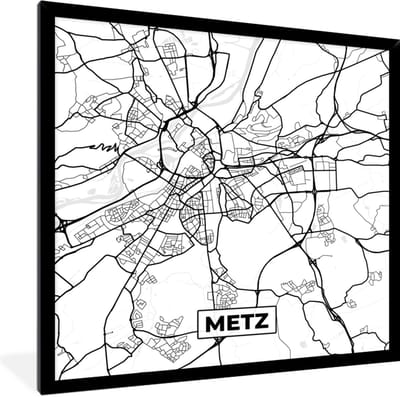 Fotolijst incl. Poster Zwart Wit- Frankrijk - Metz - Kaart - Plattegrond - Stadskaart - Zwart wit - 40x40 cm - Posterlijst
