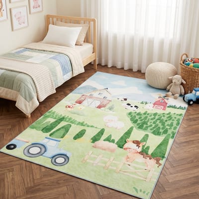 Tapiso Kids Kindervloerkleed Boerderij Speelkleed – Groen Tractor Koeien Schapen Kinderkamer – Antislip Wasbaar 80x150