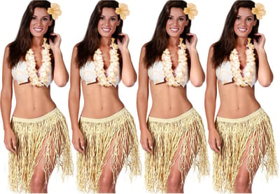 Fiestas Guirca Hawaii verkleed set - 4x - volwassenen - naturel - rieten rok/bloemenkrans/haarclip