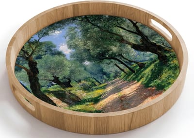 Dienblad rond 40x40 cm - Schootdienblad hout - Pad - Bomen - Schaduw - - Borrelplank rechthoek - Plateau houten dienbladen