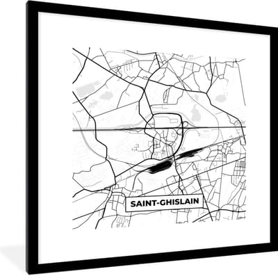 Fotolijst incl. Poster Zwart Wit- Stadskaart – Plattegrond – België – Zwart Wit – Saint Ghislain – Kaart - 40x40 cm - Posterlijst