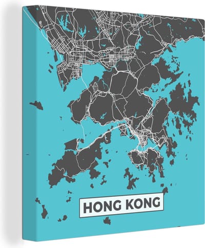 Canvas Schilderij Hong Kong - Blauw - Kaart - Plattegrond - Stadskaart - 20x20 cm - Wanddecoratie