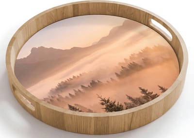 Dienblad rond 40x40 cm - Schootdienblad hout - Zonlicht - Mist - Bergen - Bomen - Borrelplank rechthoek - Plateau houten dienbladen