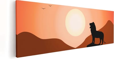 Artaza Canvas Schilderij Leeuw Afrika - 60x20 cm - Wanddecoratie Silhouet - Muurdecoratie Zon - Kamer Accessoires