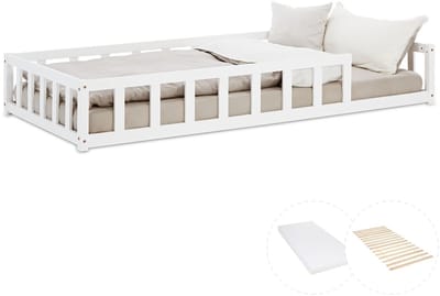Homestyle4u Kinderbed 90x200 cm - Vloerbed met valbeveiliging en matras - Wit