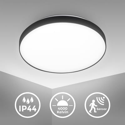 B.K.Licht - LED Sensor Plafondlamp Badkamer - IP44 - 16W - 1500lm - 4000K - badkamerverlichting met bewegingsmelder - schemersensor - zwart