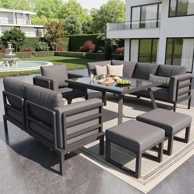 Halve Maan Loungeset Tuin 8 Personen 5-Delig met Glazen Tafel, Stoel en Krukken – Weerbestendige IJzeren Tuinset met 8 cm Dikke Kussens Grijs – Laura