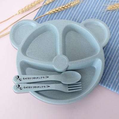 1 Set Baby Kom Lepel Vork Voeden Eetservies BPA Vrij Cartoon Beer Kinderborden Eten Eetservies Set Anti-Hitte Oefenbord
