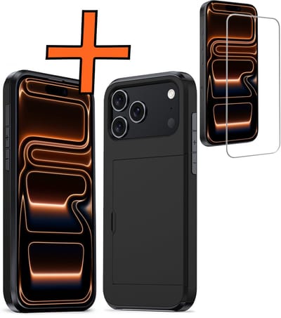 Hoesje Geschikt voor iPhone 17 Pro Hoesje Pasjeshouder Shockproof Hard Case Met Screenprotector - Hoesje Geschikt voor iPhone 17 Pro Hoes Met Kaarthouder - Zwart